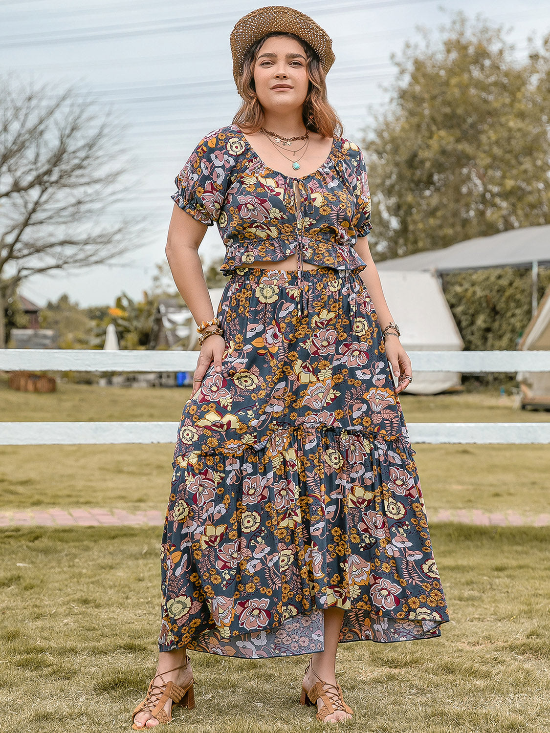 TIE NECK SHORT SLEEVE TOP AND SKIRT SET-Thriftique Marketplace