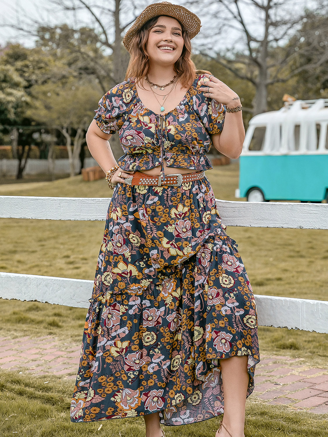 TIE NECK SHORT SLEEVE TOP AND SKIRT SET-Thriftique Marketplace