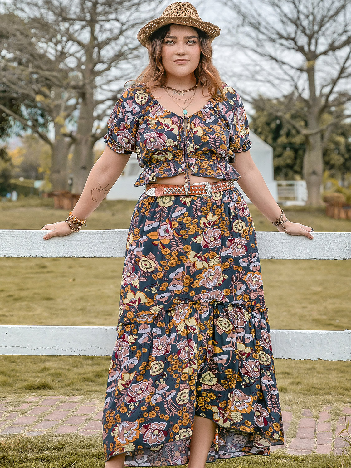 TIE NECK SHORT SLEEVE TOP AND SKIRT SET-Thriftique Marketplace