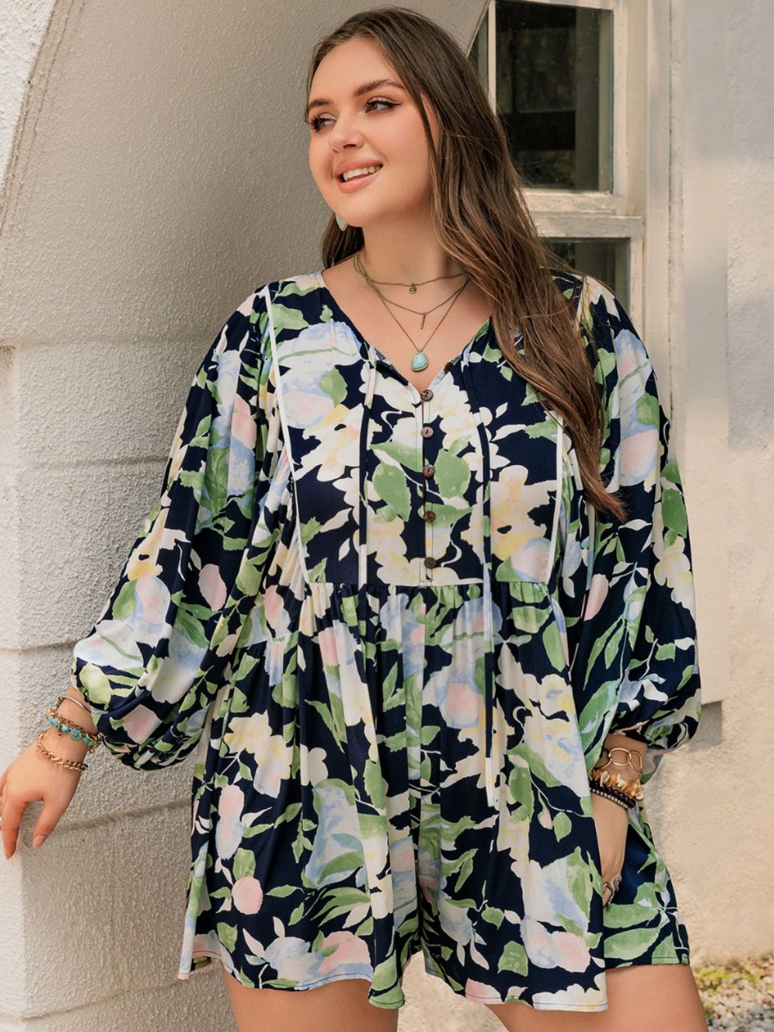 TIED PRINTED LONG SLEEVE ROMPER-Thriftique Marketplace