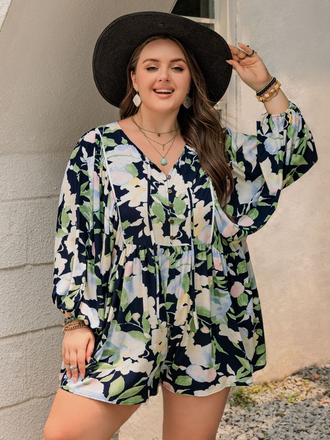 TIED PRINTED LONG SLEEVE ROMPER-Thriftique Marketplace