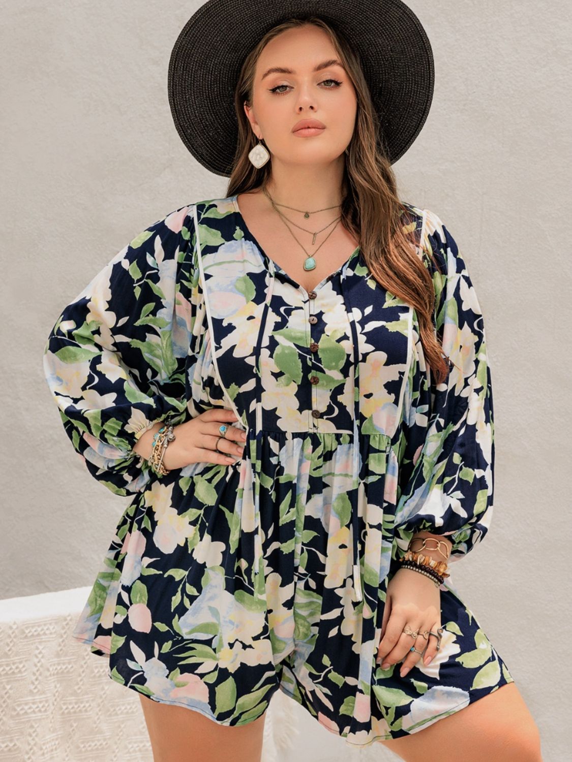 TIED PRINTED LONG SLEEVE ROMPER-Thriftique Marketplace