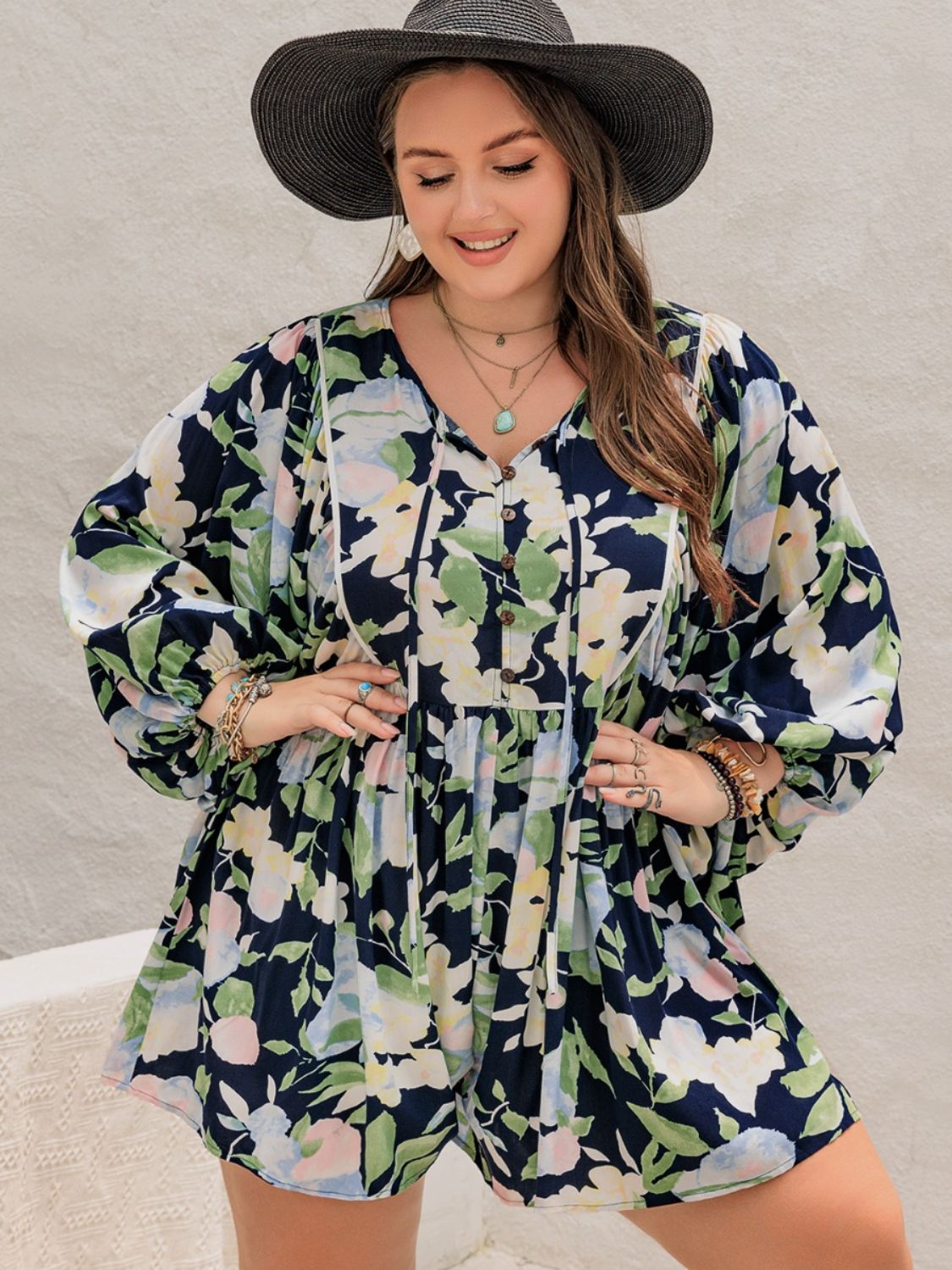 TIED PRINTED LONG SLEEVE ROMPER-Thriftique Marketplace