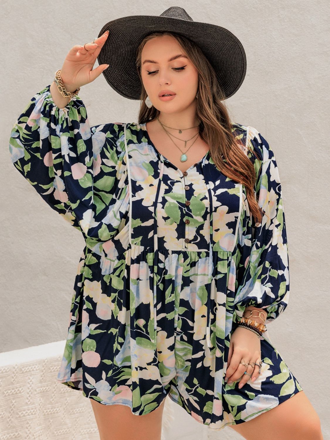 TIED PRINTED LONG SLEEVE ROMPER-Thriftique Marketplace