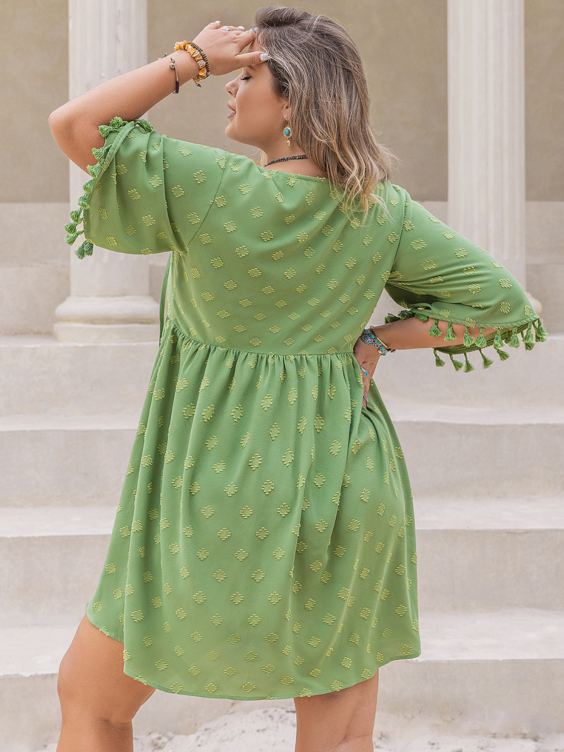 TIED TASSEL HALF SLEEVE MINI DRESS-Thriftique Marketplace