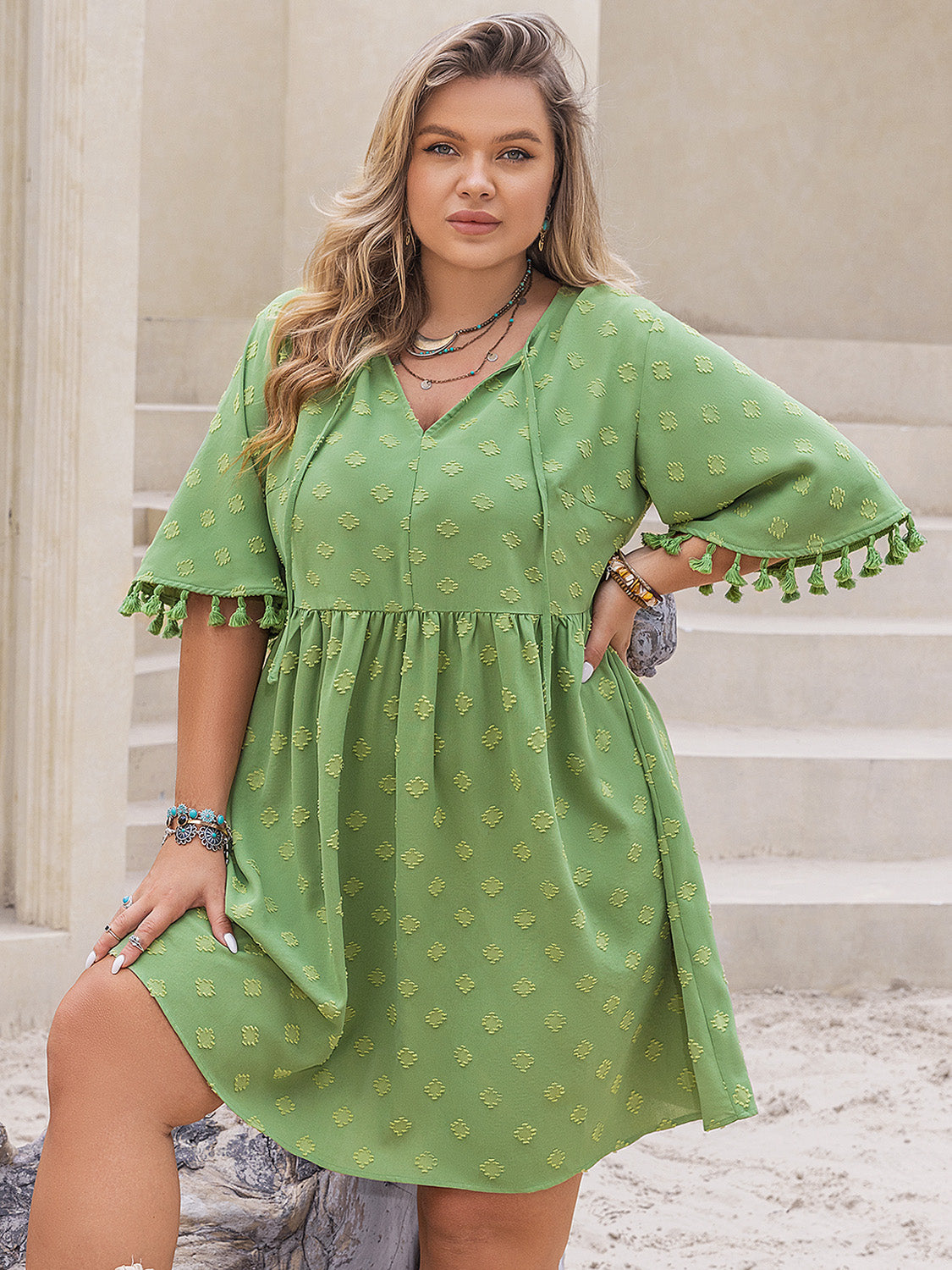 TIED TASSEL HALF SLEEVE MINI DRESS-Thriftique Marketplace