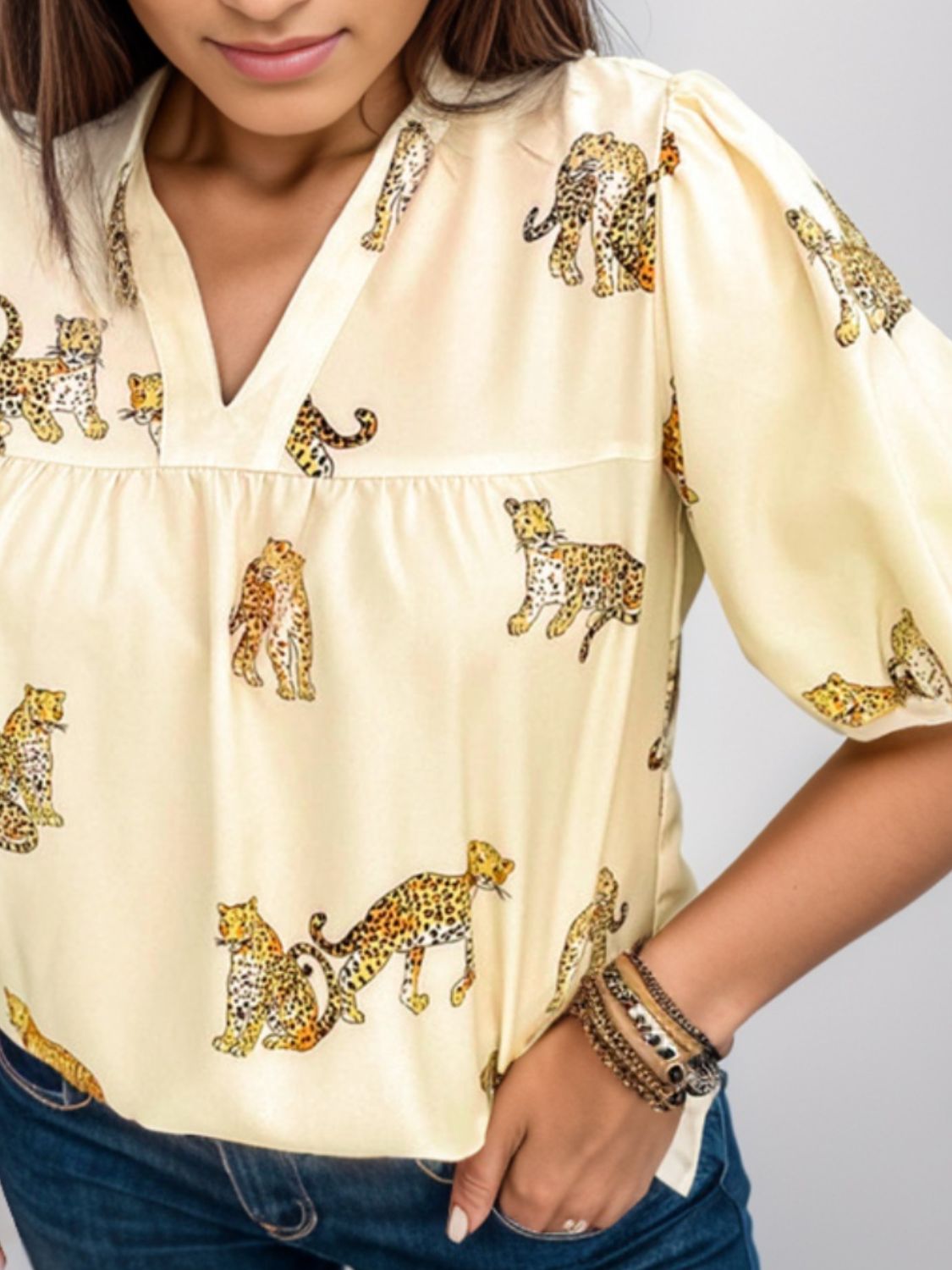 TIGER PRINTED NOTCHED BLOUSE-Thriftique Marketplace