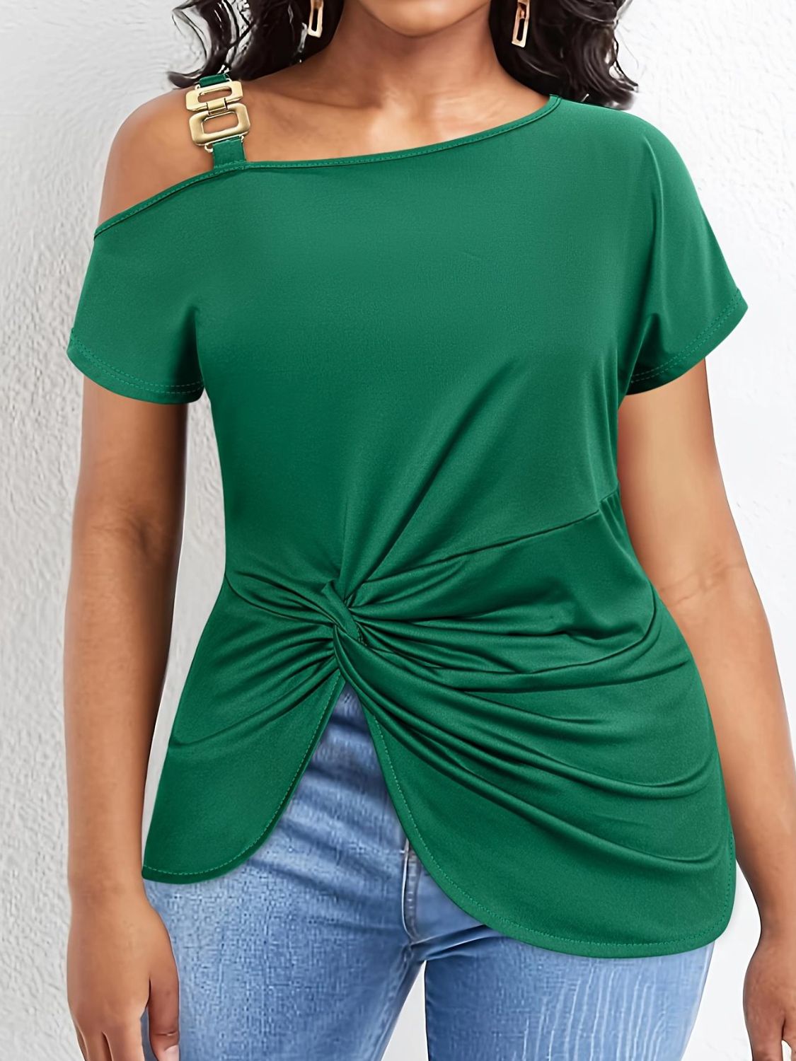 TWISTED ASYMMETRICAL NECK SHORT SLEEVE T-SHIRT-Thriftique Marketplace