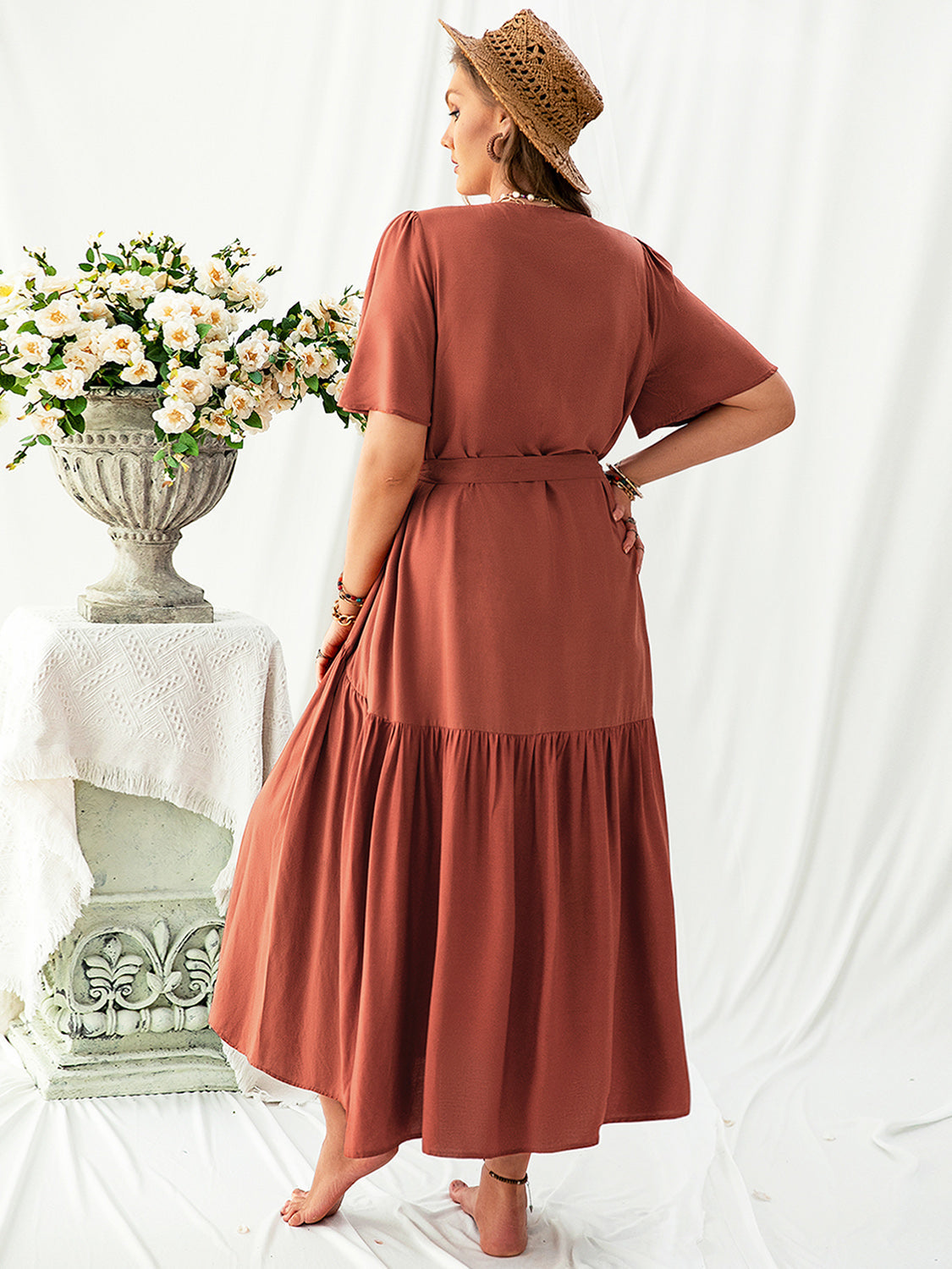 V-NECK FLUTTER SLEEVE MIDI DRESS-Thriftique Marketplace