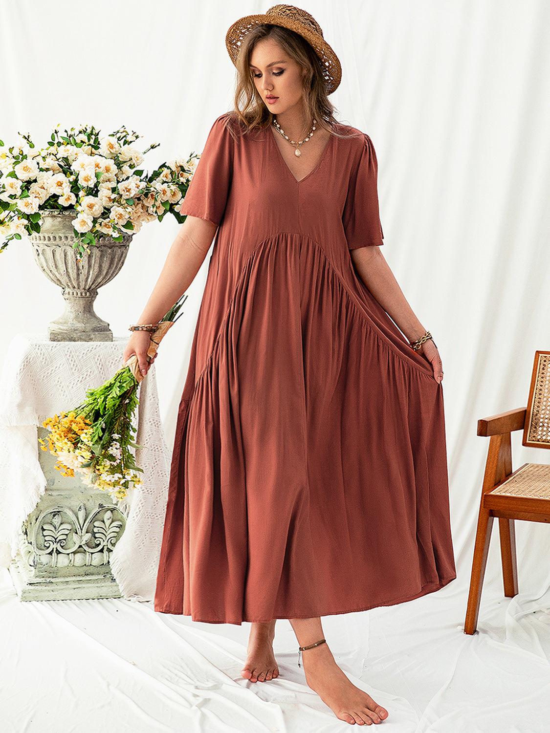 V-NECK FLUTTER SLEEVE MIDI DRESS-Thriftique Marketplace