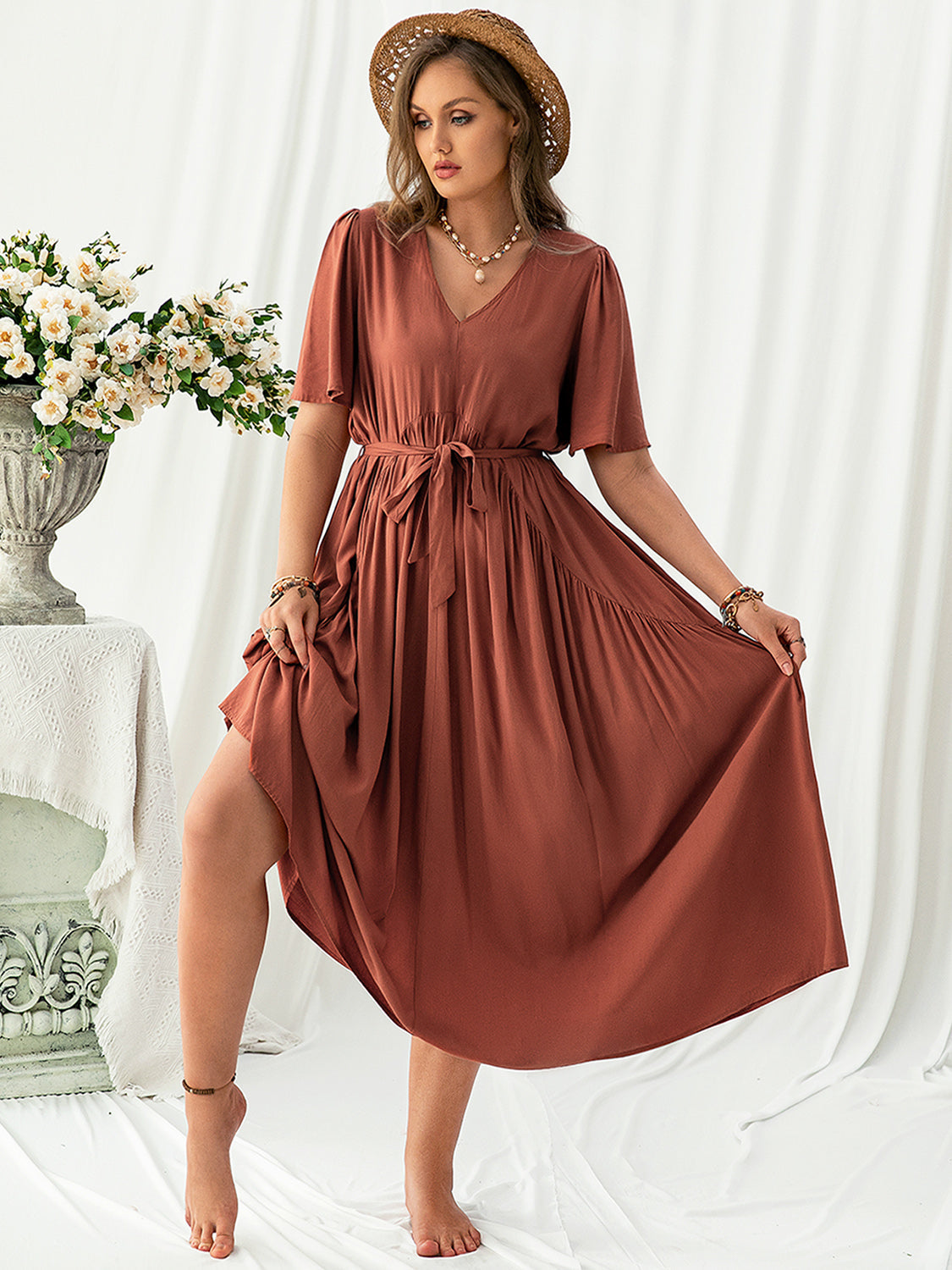 V-NECK FLUTTER SLEEVE MIDI DRESS-Thriftique Marketplace