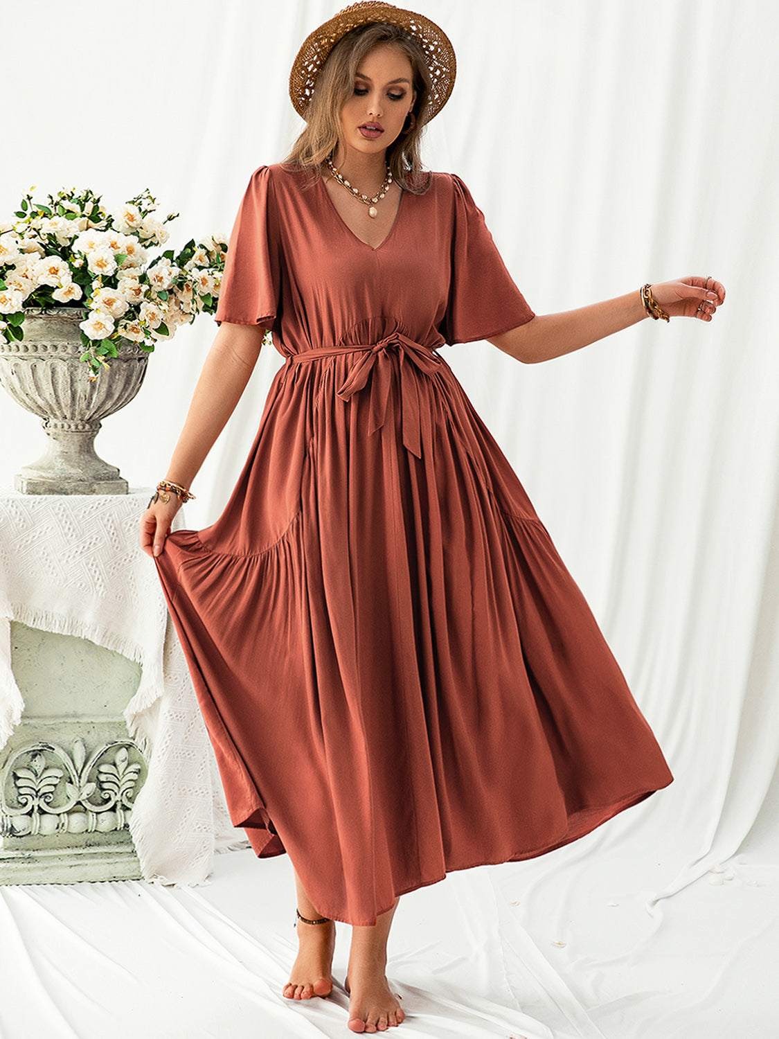 V-NECK FLUTTER SLEEVE MIDI DRESS-Thriftique Marketplace