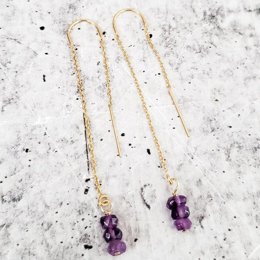 PURPLE AMETHYST BEADS THREADER EARRINGS
