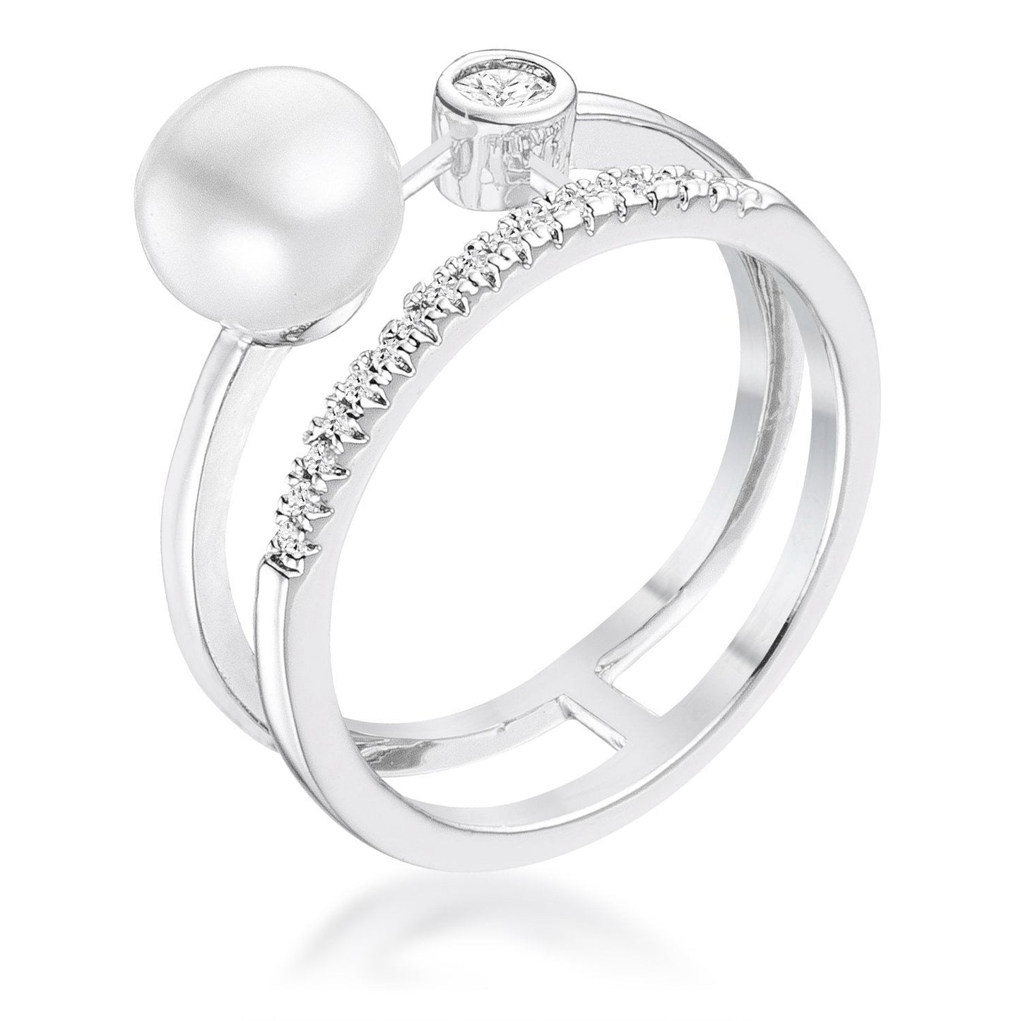 .15CT PLATED CZ AND FRESHWATER PEARL CONTEMPORARY DOUBLE BAND RING