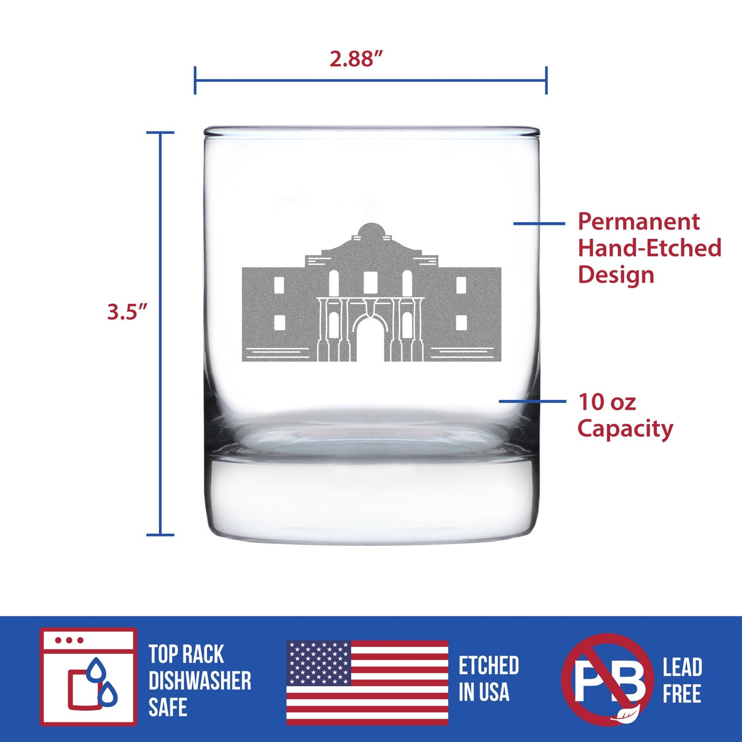 THE ALAMO WHISKEY ROCKS GLASS - STATE OF TEXAS GIFTS AND SOUVENIRS FOR TEXANS - 10.25 OZ GLASSES