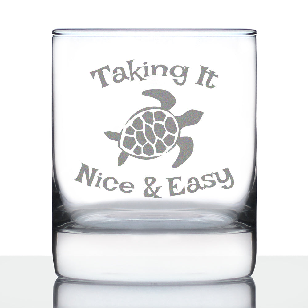 TAKING IT NICE & EASY SEA TURTLE WHISKEY ROCKS GLASS - UNIQUE FUNNY ETCHED TURTLES GIFT - 10.25 OZ