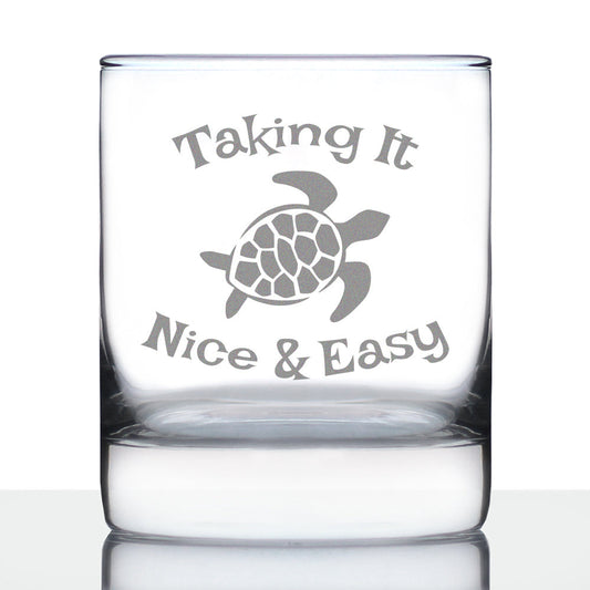 TAKING IT NICE & EASY SEA TURTLE WHISKEY ROCKS GLASS - UNIQUE FUNNY ETCHED TURTLES GIFT - 10.25 OZ