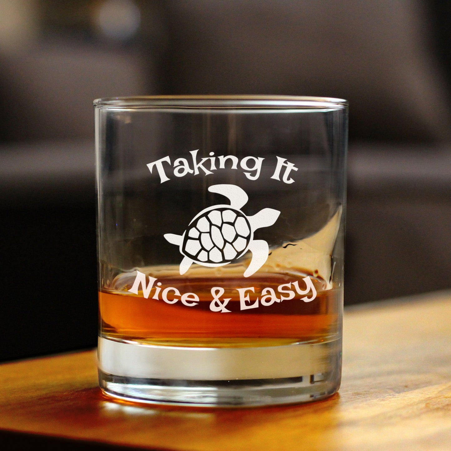 TAKING IT NICE & EASY SEA TURTLE WHISKEY ROCKS GLASS - UNIQUE FUNNY ETCHED TURTLES GIFT - 10.25 OZ