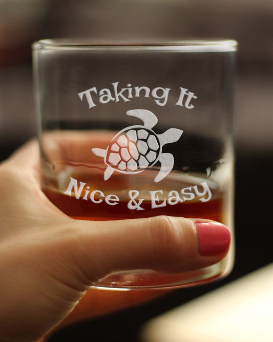 TAKING IT NICE & EASY SEA TURTLE WHISKEY ROCKS GLASS - UNIQUE FUNNY ETCHED TURTLES GIFT - 10.25 OZ