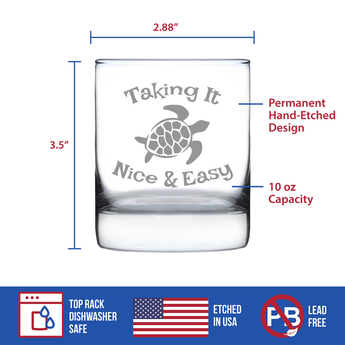 TAKING IT NICE & EASY SEA TURTLE WHISKEY ROCKS GLASS - UNIQUE FUNNY ETCHED TURTLES GIFT - 10.25 OZ