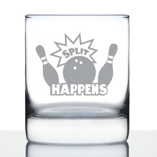 SPLIT HAPPENS WHISKEY ROCKS GLASS - FUNNY BOWLING THEMED GIFTS AND DÉCOR FOR BOWLERS - 10.25 OZ GLASS