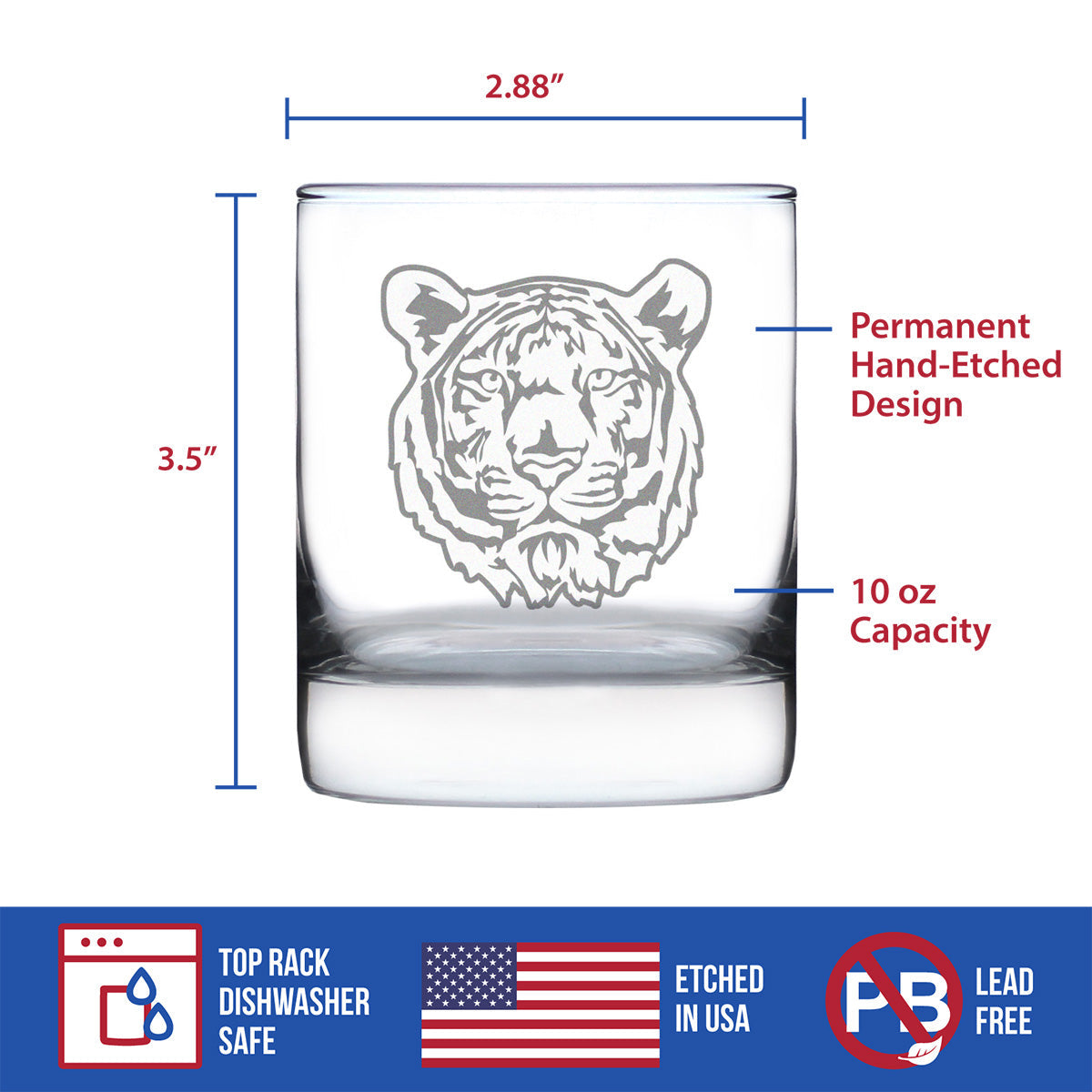 TIGER FACE WHISKEY ROCKS GLASS - UNIQUE TIGER THEMED DECOR AND GIFTS FOR ANIMAL LOVERS - 10.25 OZ GLASSES