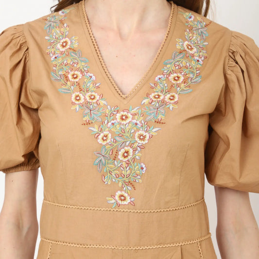 TONAL EMBROIDERED BROWN ROMPER DRESS - XS TO XL