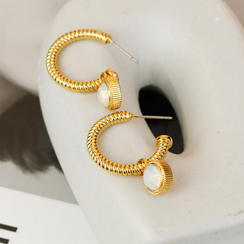 ROPE CAT'S EYE STONE C-HOOP EARRINGS-Thriftique Marketplace