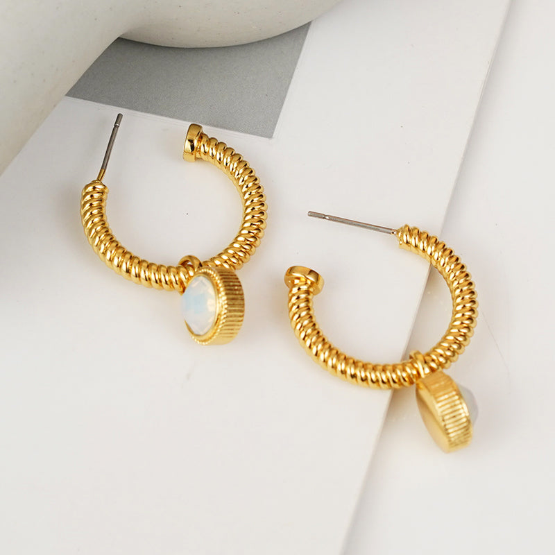 ROPE CAT'S EYE STONE C-HOOP EARRINGS-Thriftique Marketplace