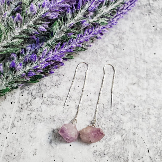 RAW PURPLE AMETHYST THREADER EARRINGS