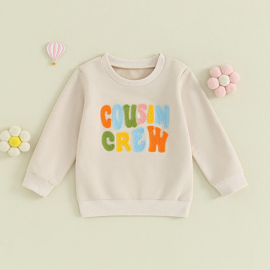 TODDLER BABY KIDS BOYS GIRLS FUZZY LETTER EMBROIDERY COUSIN CREW MATCHING LONG SLEEVE ROUND NECK PULLOVER LOOSE TOP