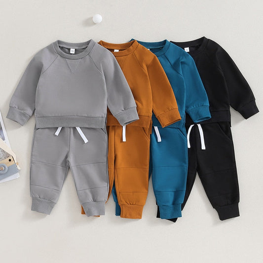 TODDLER BABY BOYS GIRLS 2PCS FALL OUTFITS LONG SLEEVE SPLIT HEM TOPS POCKET PANTS SOLID COLOR CLOTHES SETS