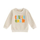 TODDLER BABY KIDS BOYS GIRLS FUZZY LETTER EMBROIDERY COUSIN CREW MATCHING LONG SLEEVE ROUND NECK PULLOVER LOOSE TOP