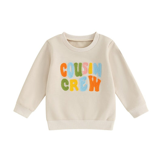 TODDLER BABY KIDS BOYS GIRLS FUZZY LETTER EMBROIDERY COUSIN CREW MATCHING LONG SLEEVE ROUND NECK PULLOVER LOOSE TOP
