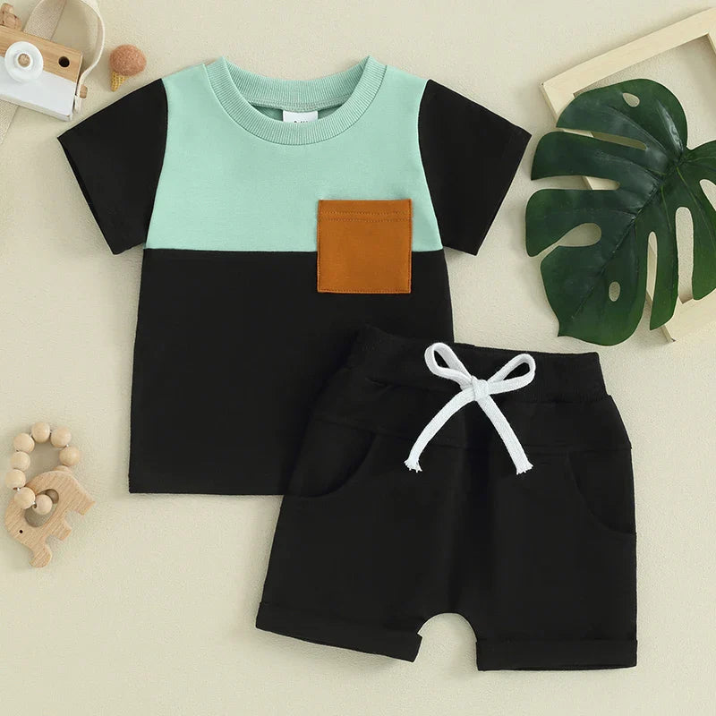 TODDLER BABY BOY 2PCS SUMMER CLOTHES COLOR BLOCK SHORT SLEEVE T-SHIRT SHORTS SET