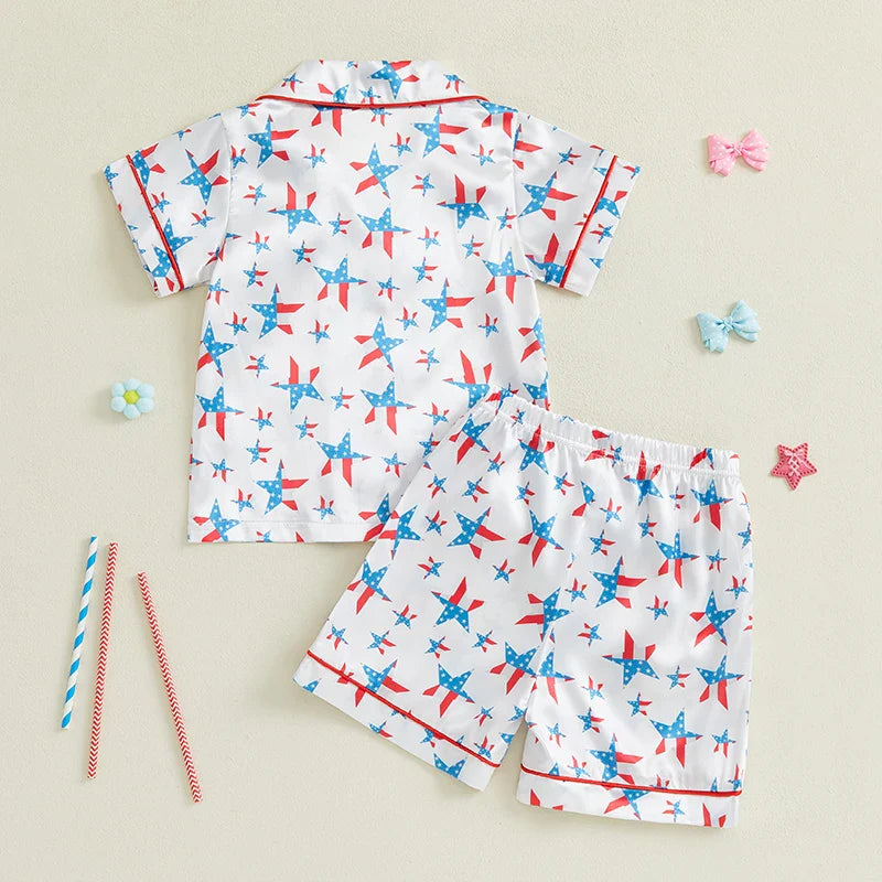 TODDLER GIRLS PATRIOTIC PAJAMAS SET SUMMER STAR/BOW PRINT BUTTON UP SHORT SLEEVES SHIRT WITH ELASTIC SHORTS FOR LOUNGEWEAR