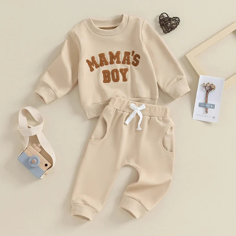 TODDLER BABY BOY 2PCS FALL WINTER OUTFITS LONG SLEEVE LETTER MAMA'S BOY CREWNECK TOP JOGGER PANTS SET