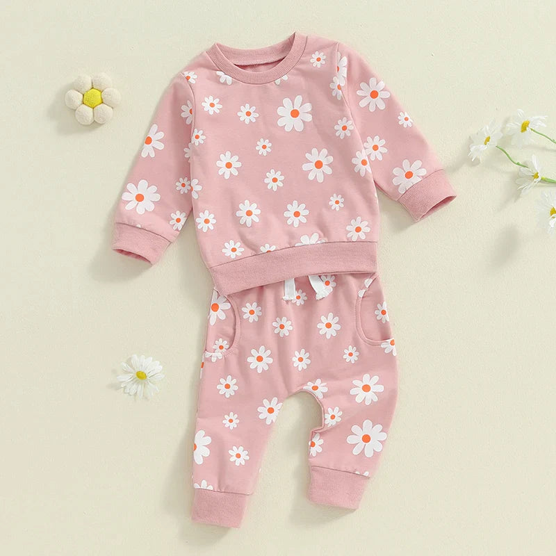 TODDLER KIDS GIRLS 2PCS FALL OUTFIT FLOWER DAISY PRINT LONG SLEEVE CREWNECK TOP ELASTIC WAIST PANTS WITH POCKETS SET