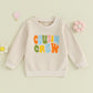 TODDLER BABY KIDS BOYS GIRLS FUZZY LETTER EMBROIDERY COUSIN CREW MATCHING LONG SLEEVE ROUND NECK PULLOVER LOOSE TOP