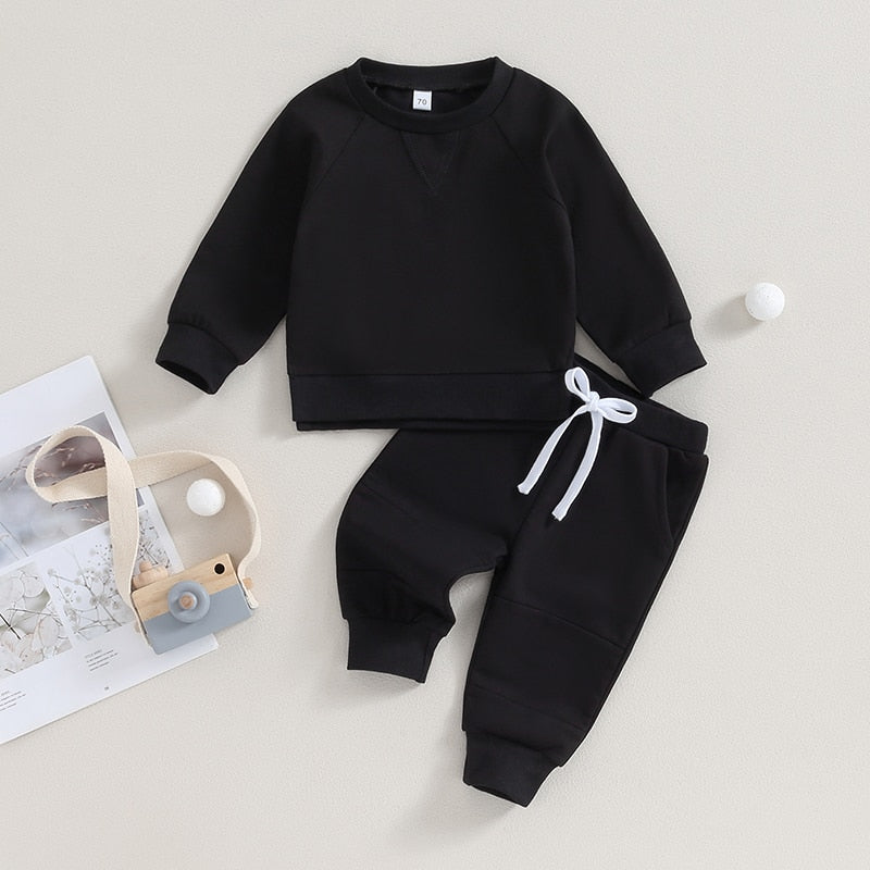 TODDLER BABY BOYS GIRLS 2PCS FALL OUTFITS LONG SLEEVE SPLIT HEM TOPS POCKET PANTS SOLID COLOR CLOTHES SETS