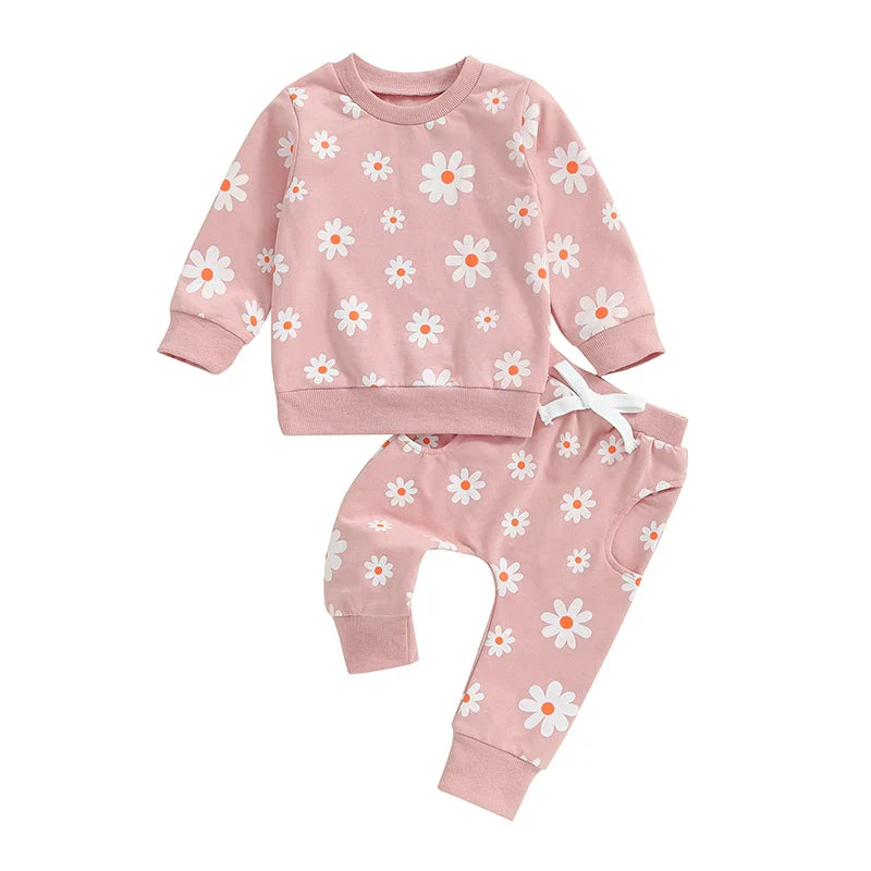 TODDLER KIDS GIRLS 2PCS FALL OUTFIT FLOWER DAISY PRINT LONG SLEEVE CREWNECK TOP ELASTIC WAIST PANTS WITH POCKETS SET