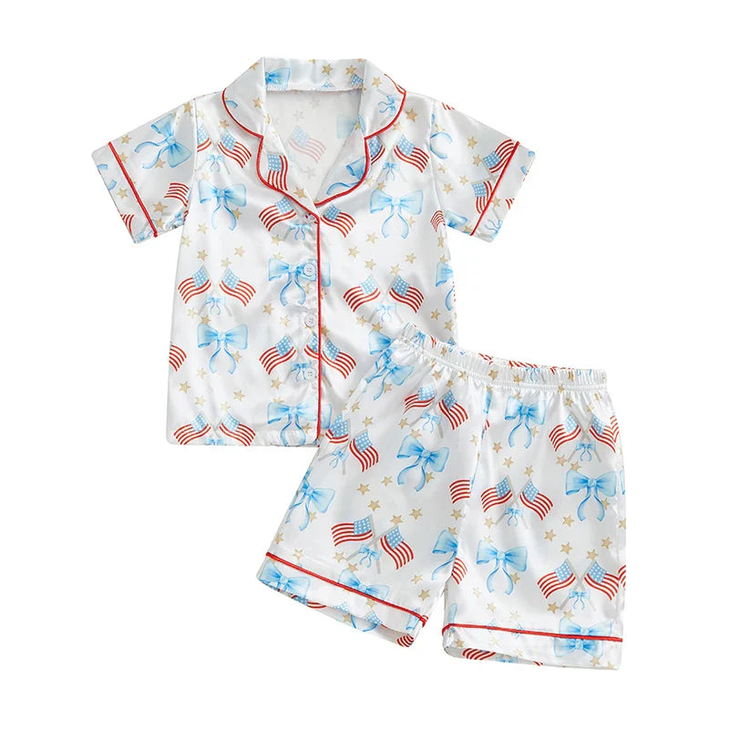 TODDLER GIRLS PATRIOTIC PAJAMAS SET SUMMER STAR/BOW PRINT BUTTON UP SHORT SLEEVES SHIRT WITH ELASTIC SHORTS FOR LOUNGEWEAR