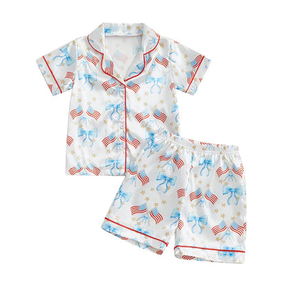 TODDLER GIRLS PATRIOTIC PAJAMAS SET SUMMER STAR/BOW PRINT BUTTON UP SHORT SLEEVES SHIRT WITH ELASTIC SHORTS FOR LOUNGEWEAR