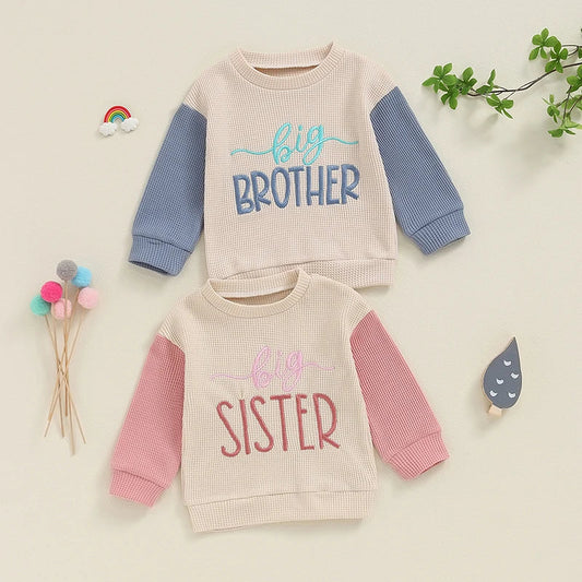 TODDLER KIDS BIG BROTHER / SISTER PULLOVER LETTER EMBROIDERY ROUND NECK CONTRASTING COLOR LONG SLEEVE WAFFLE TOP