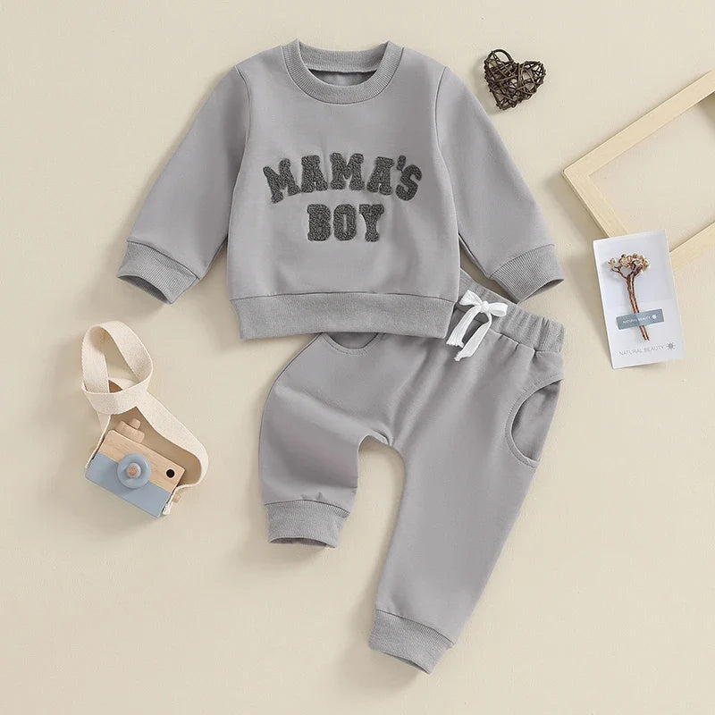 TODDLER BABY BOY 2PCS FALL WINTER OUTFITS LONG SLEEVE LETTER MAMA'S BOY CREWNECK TOP JOGGER PANTS SET