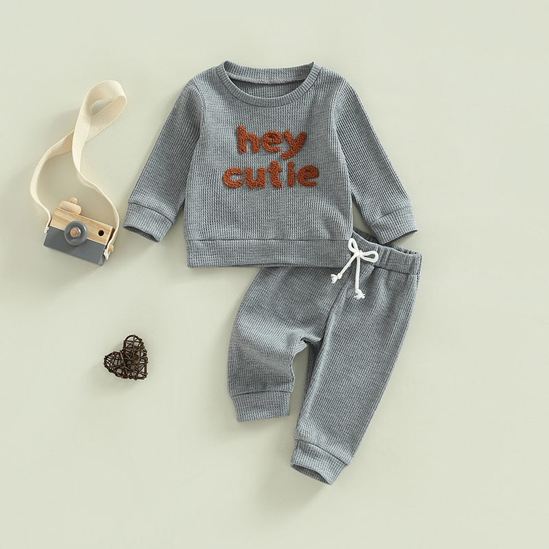TODDLER BABY GIRL BOY 2PCS HEY CUTIE OUTFIT LONG SLEEVE RIBBED KNIT TOPS PANTS SET