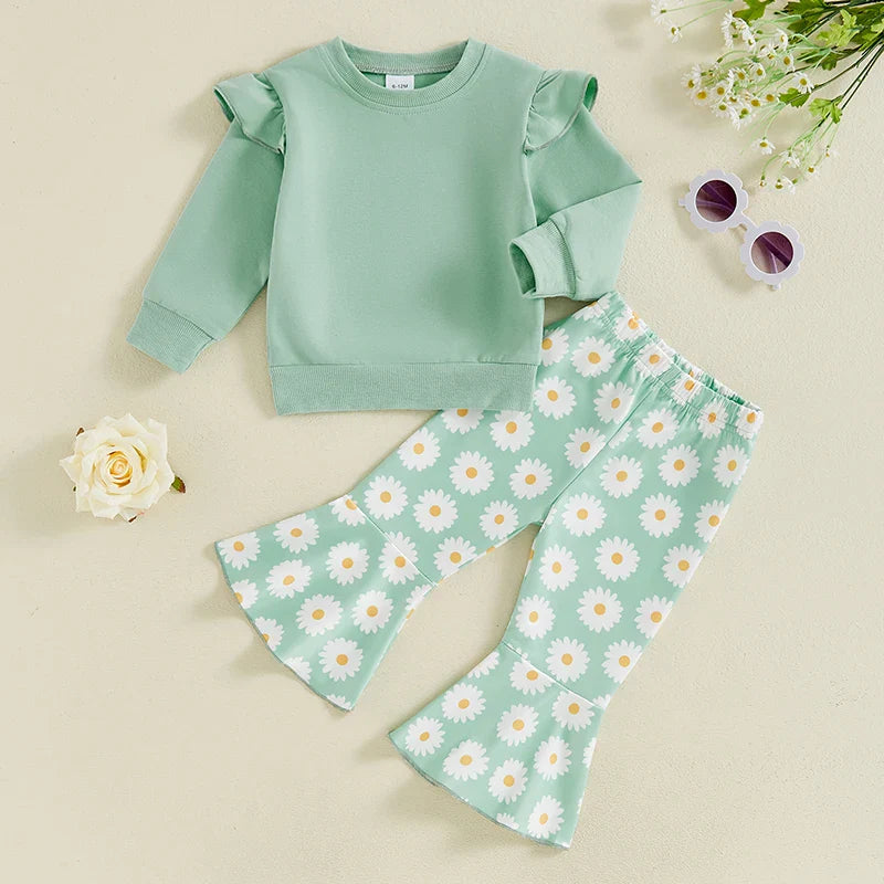 TODDLER KIDS GIRLS 2PCS FALL OUTFIT FLYING SLEEVE SOLID COLOR PULLOVER TOP WITH FLOWER FLORAL FLARED PANTS SET