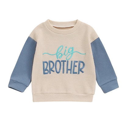 TODDLER KIDS BIG BROTHER / SISTER PULLOVER LETTER EMBROIDERY ROUND NECK CONTRASTING COLOR LONG SLEEVE WAFFLE TOP