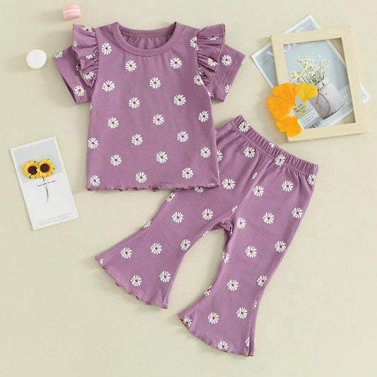 TODDLER KIDS GIRL 2PCS SUMMER OUTFIT RUFFLE SHORT SLEEVE FLORAL FLOWERS PRINT TOP + BELL BOTTOM PANTS SET CLOTHES