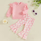TODDLER KIDS GIRLS 2PCS FALL OUTFIT FLYING SLEEVE SOLID COLOR PULLOVER TOP WITH FLOWER FLORAL FLARED PANTS SET